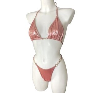 Model Express Metallic Pink 2 Piece Bikini with Gold and Pearl Embellishments S